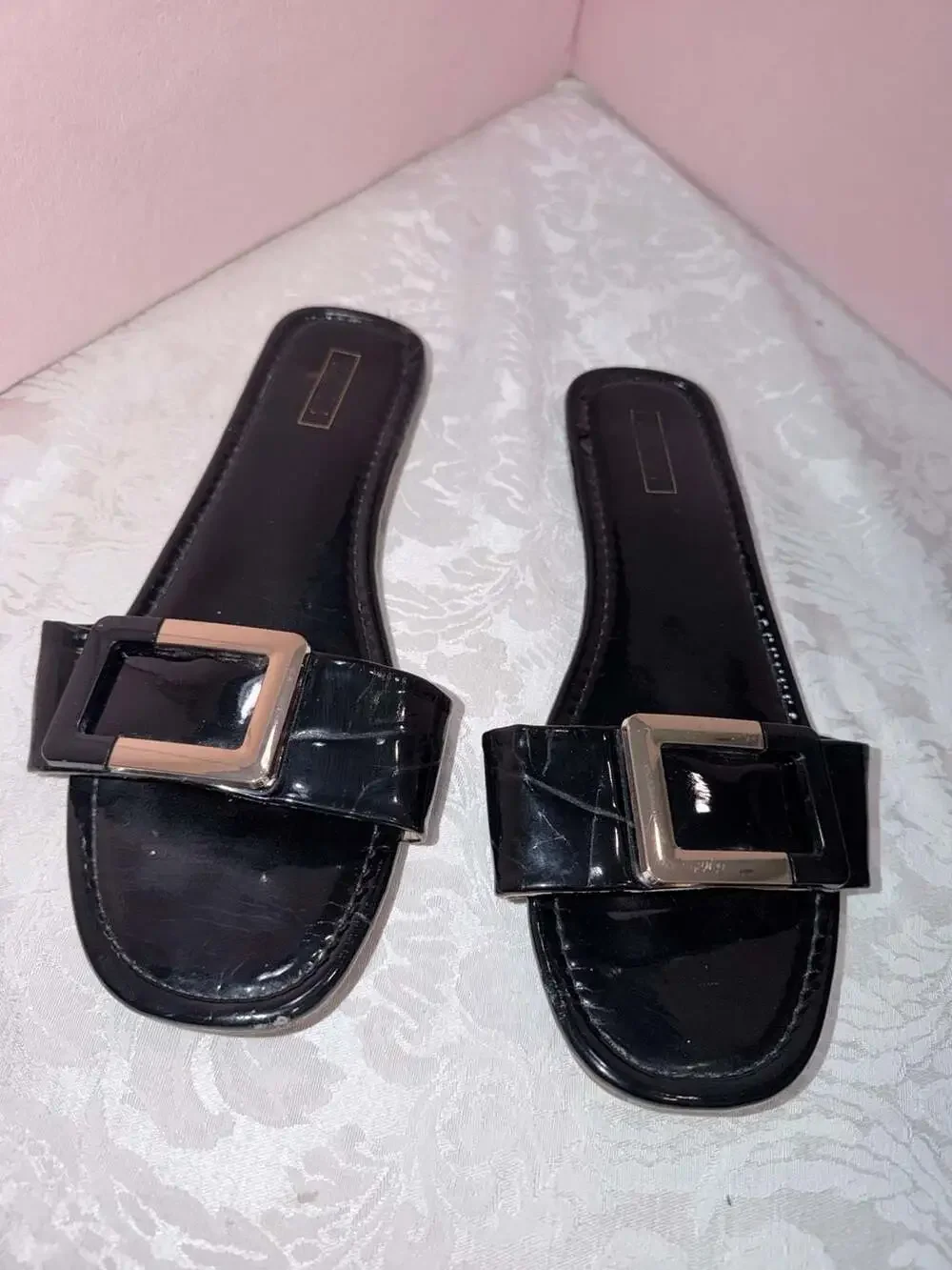 Black Patent Leather Slip-On Flat Sandals with Gold Buckle Accent